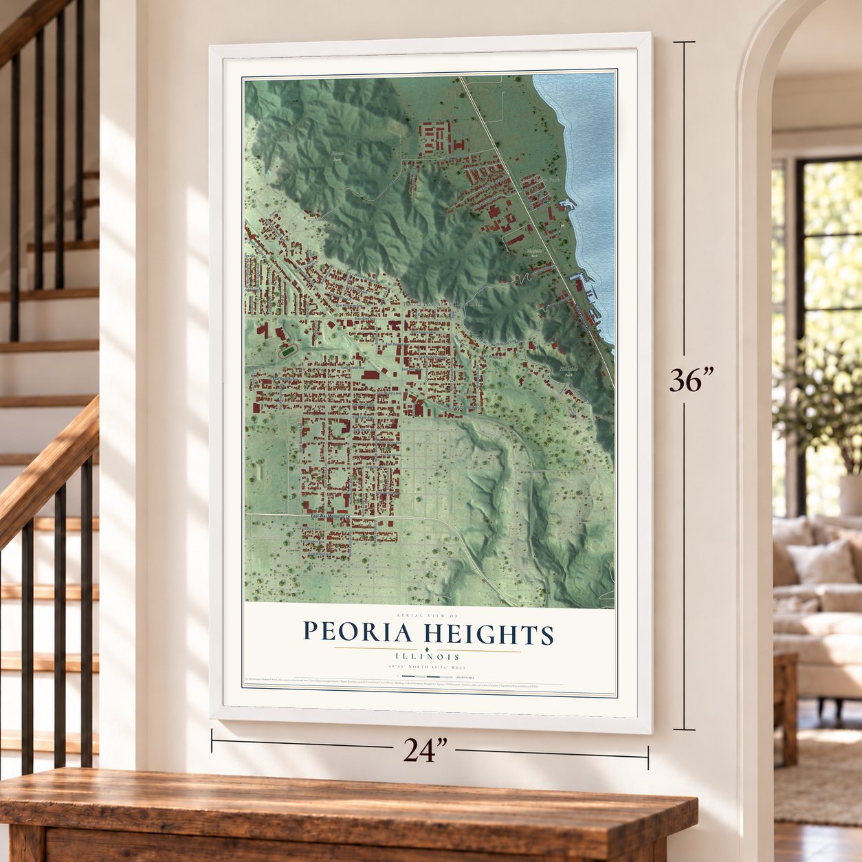 Peoria Heights, Illinois map, 24 x 36 inch print in a white frame by a staircase