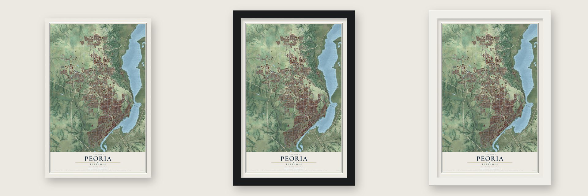 Peoria, Illinois map unframed, in a black wood frame and in a white wood frame