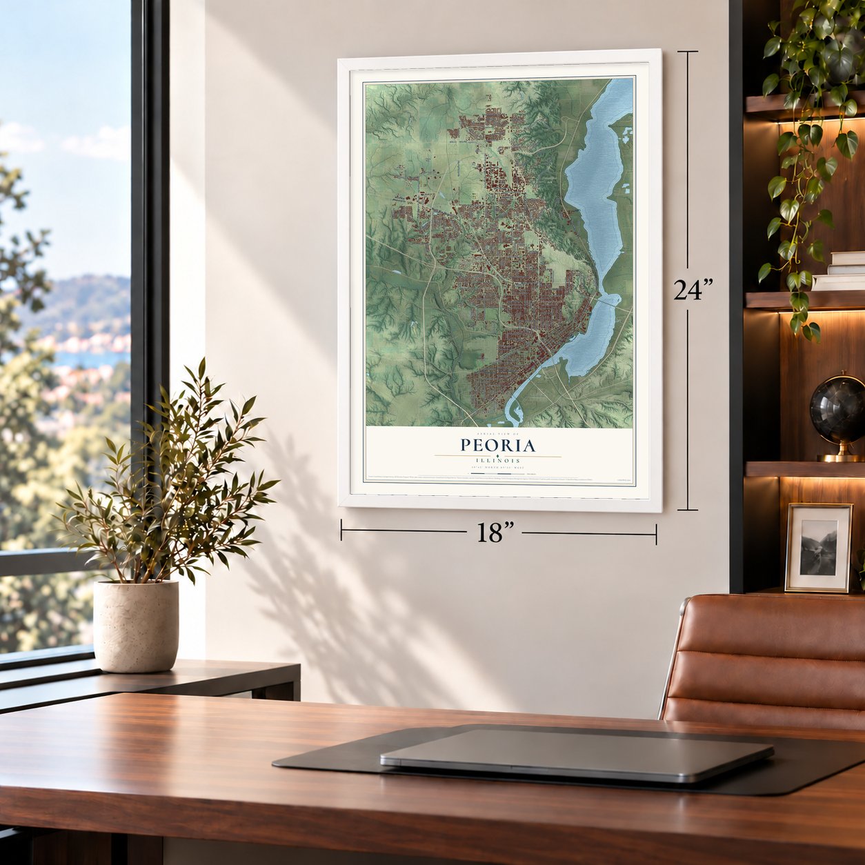 Peoria, Illinois map, 18 x 24 inch print in a white frame in a home office