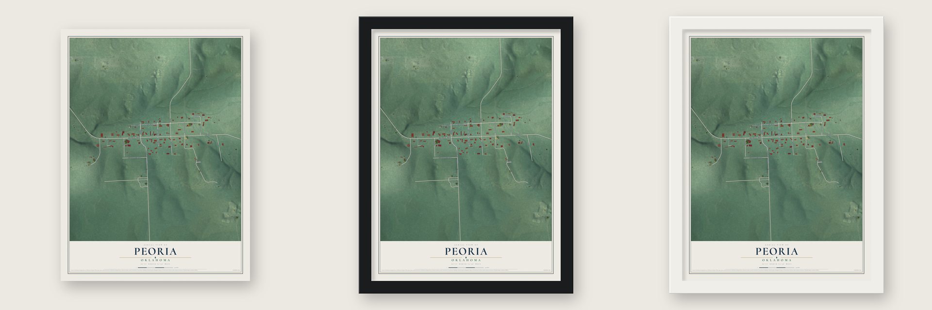 Peoria, Oklahoma map unframed, in a black wood frame and in a white wood frame