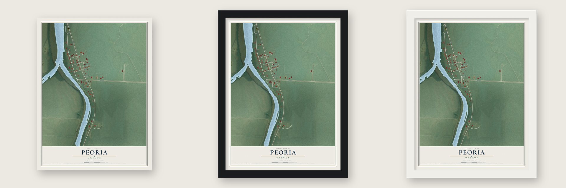 Peoria, Oregon map unframed, in a black wood frame and in a white wood frame