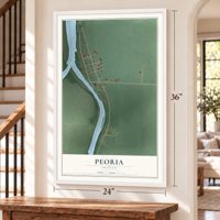Peoria, Oregon map, 24 x 36 inch print in a white frame by a staircase