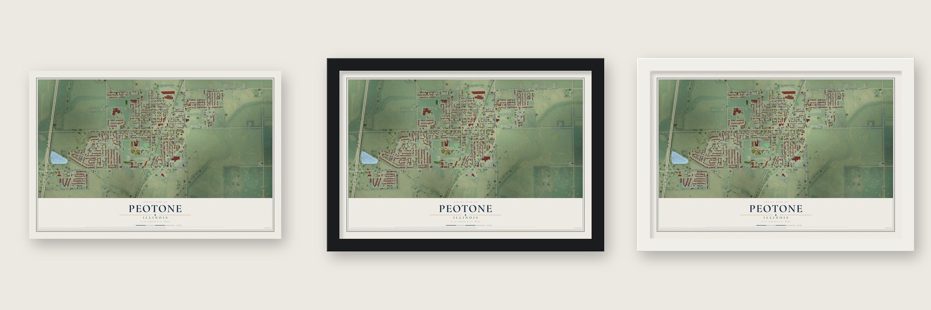 Peotone, Illinois map unframed, in a black wood frame and in a white wood frame