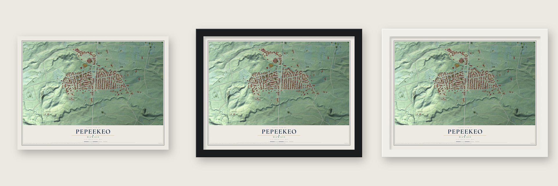 Pepeekeo, Hawaii map unframed, in a black wood frame and in a white wood frame