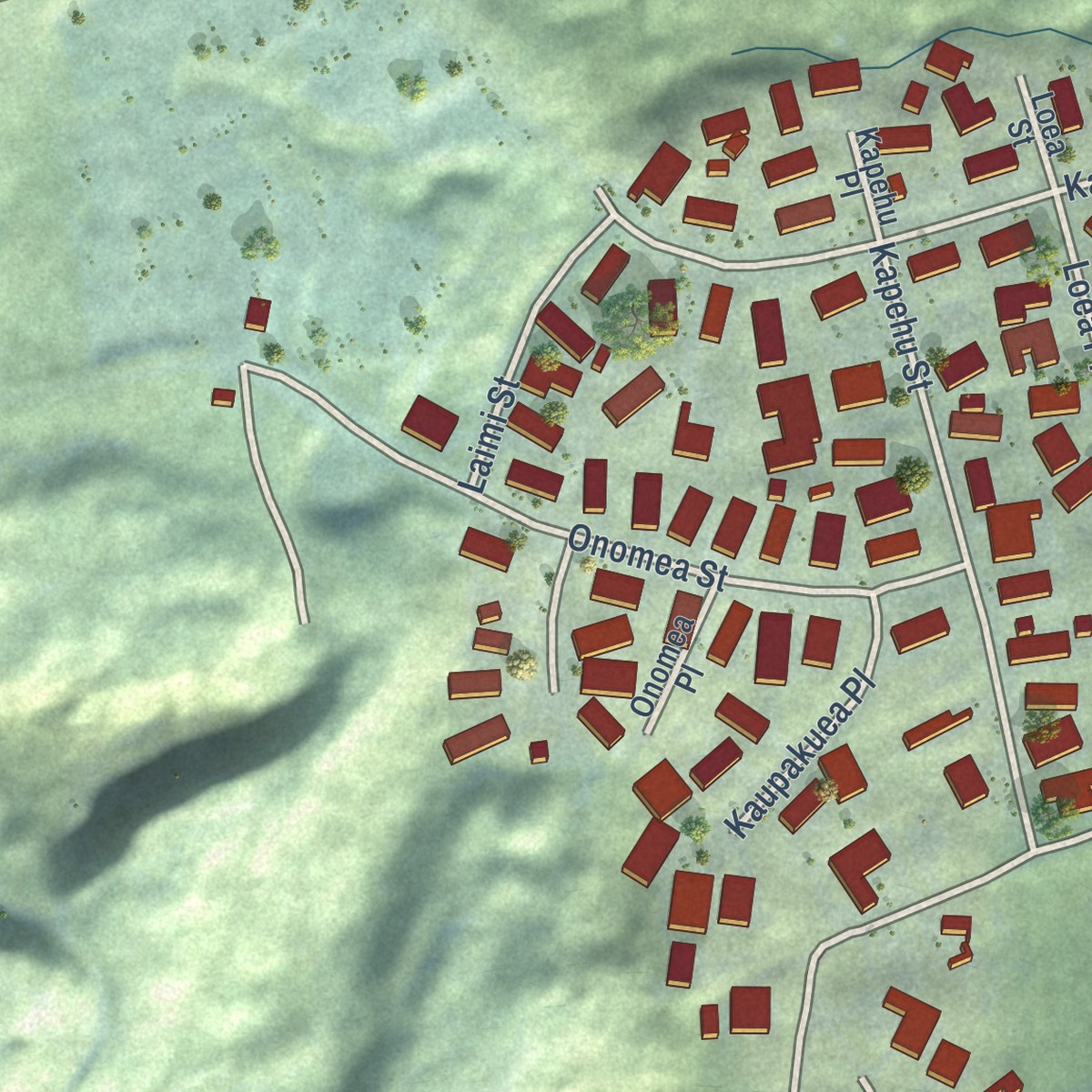 Second close-up of the map of Pepeekeo, Hawaii print showing more streets and buildings