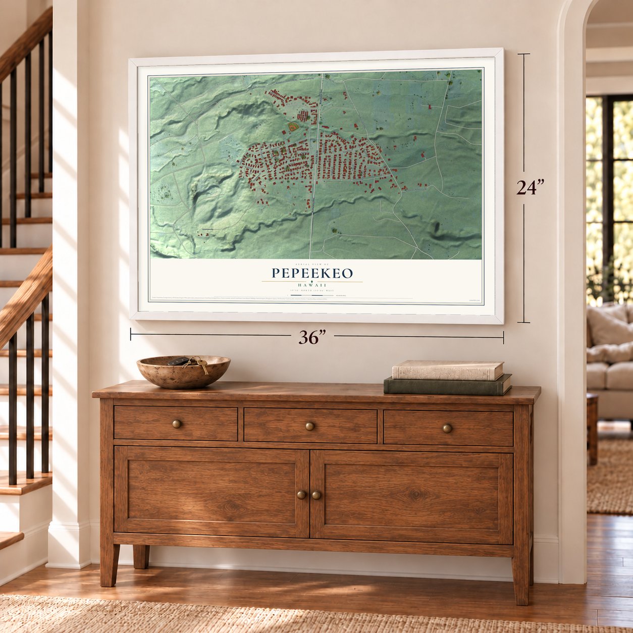 Pepeekeo, Hawaii map, 24 x 36 inch print in a white frame above a dresser by a staircase