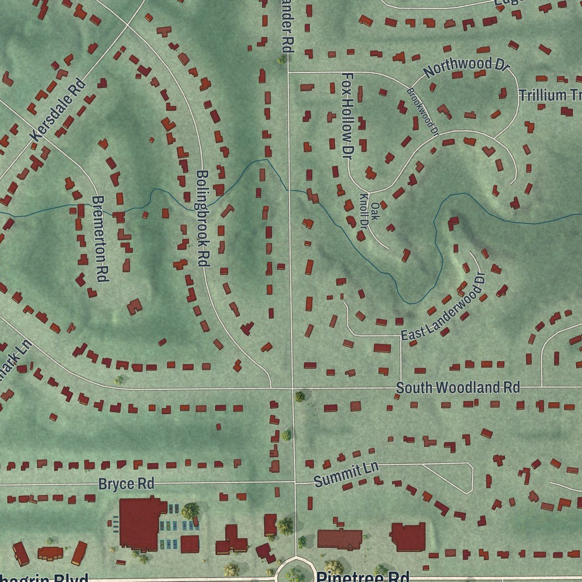 Second close-up of the map of Pepper Pike, Ohio print showing more streets and buildings