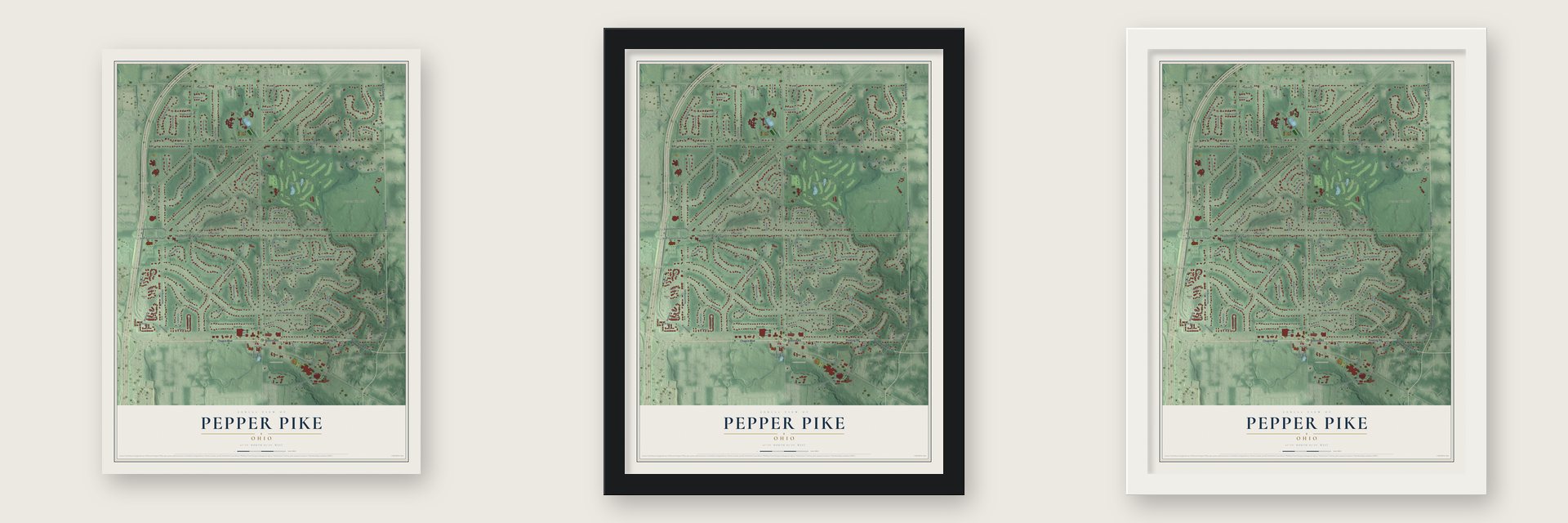 Pepper Pike, Ohio map unframed, in a black wood frame and in a white wood frame