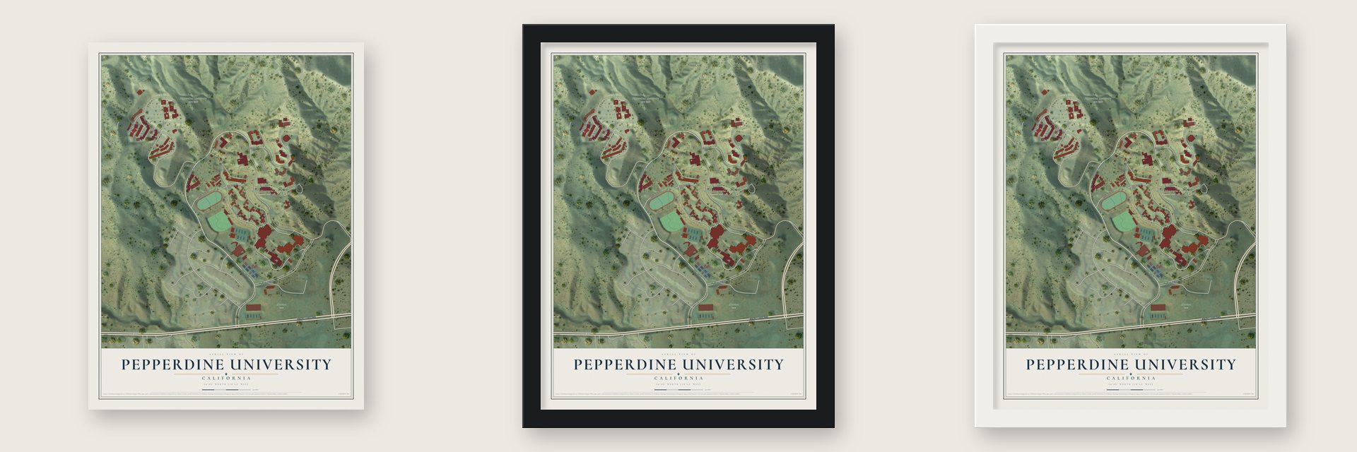 Pepperdine University, California map unframed, in a black wood frame and in a white wood frame