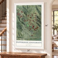 Pepperdine University, California map, 24 x 36 inch print in a white frame by a staircase
