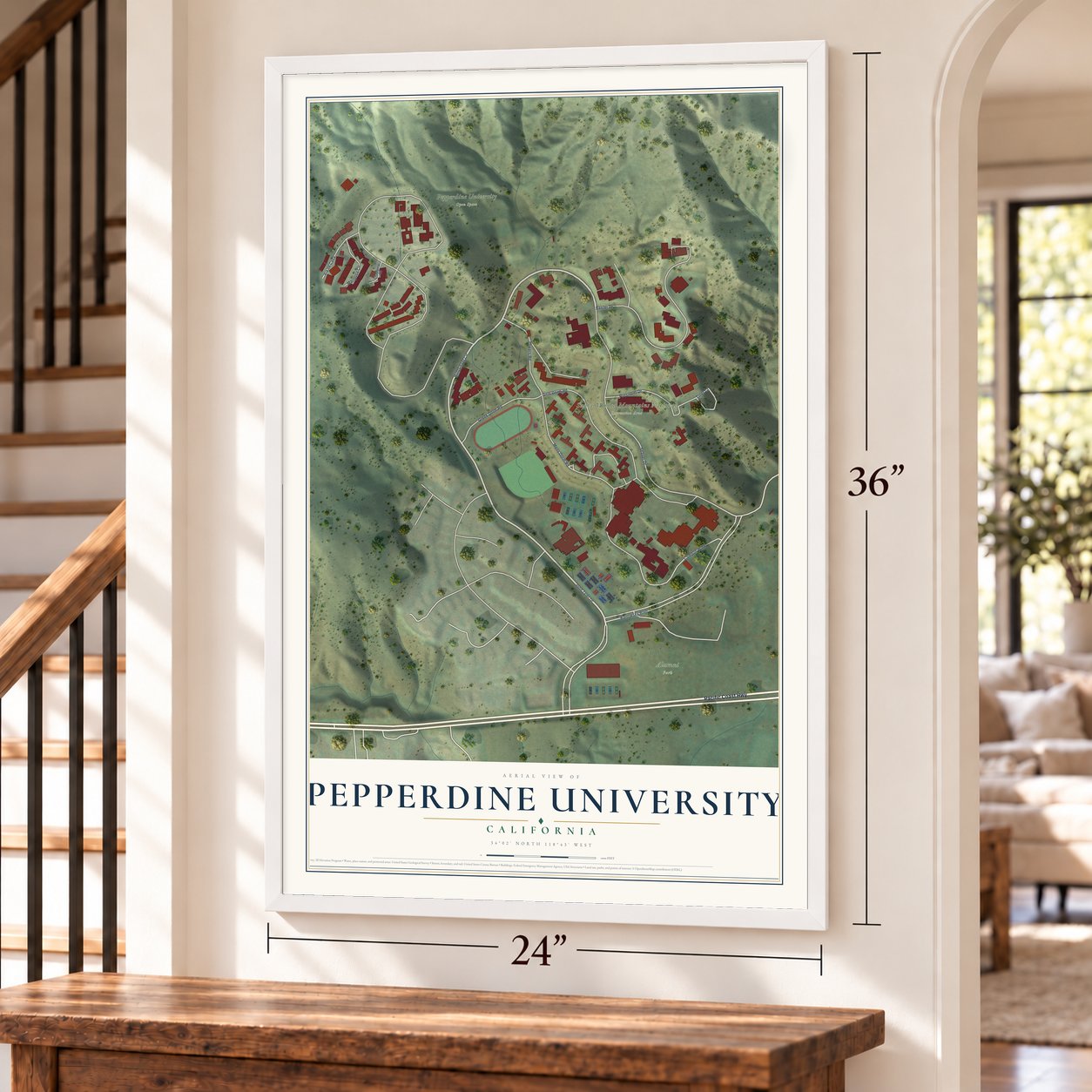 Pepperdine University, California map, 24 x 36 inch print in a white frame by a staircase