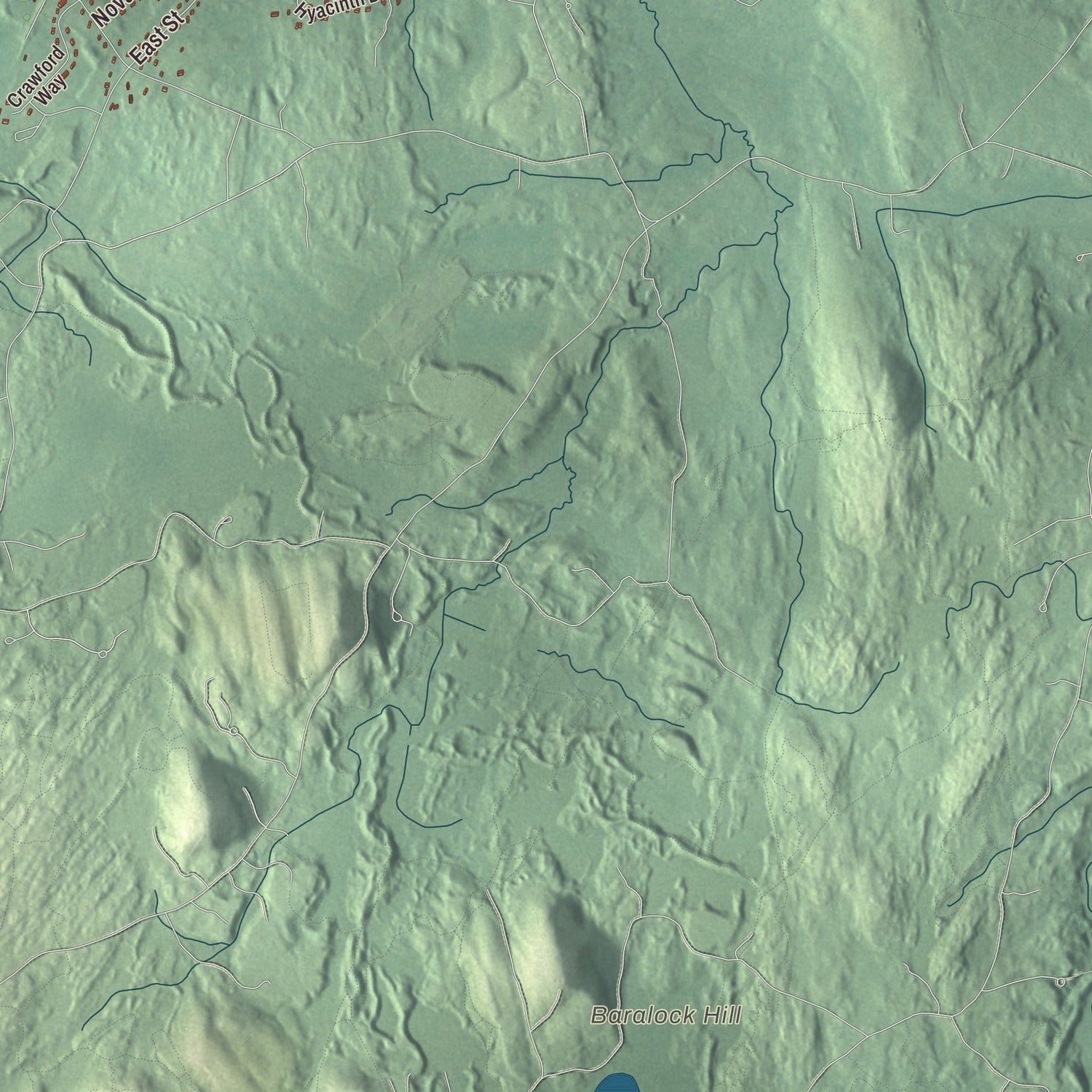 Close-up of the map of Pepperell, Massachusetts print showing terrain and local geography