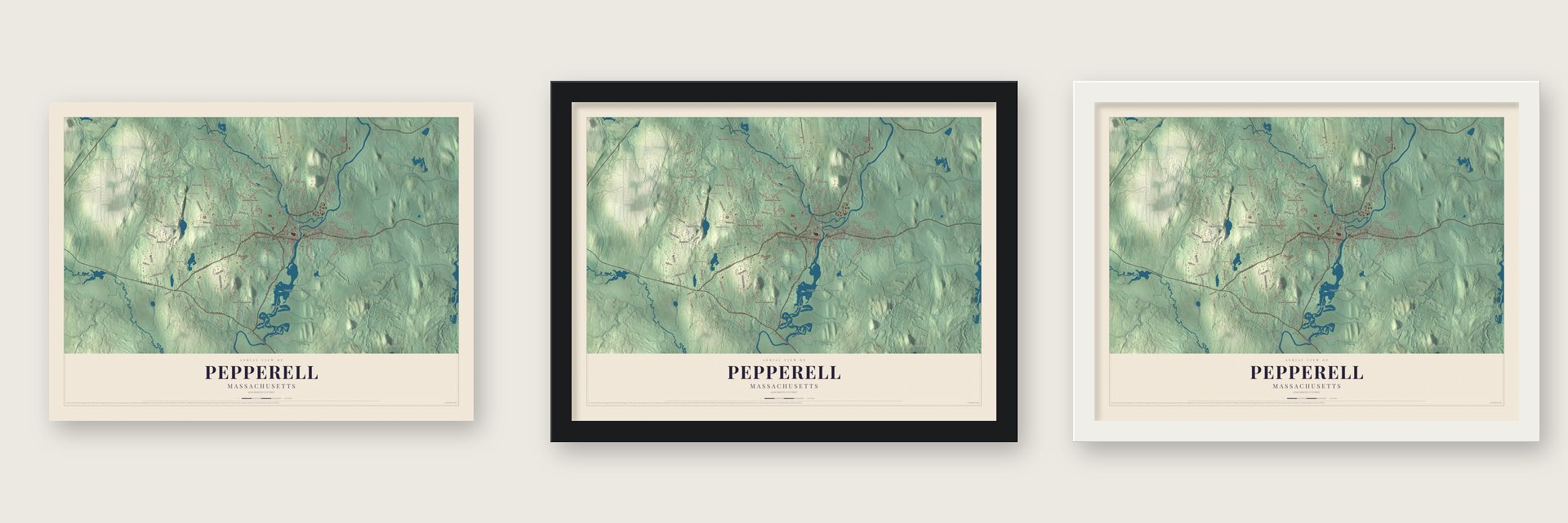 Pepperell, Massachusetts map unframed, in a black wood frame and in a white wood frame
