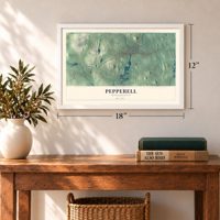 Pepperell, Massachusetts map, 12 x 18 inch print in a white frame in an entryway