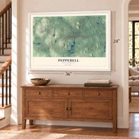 Pepperell, Massachusetts map, 24 x 36 inch print in a white frame above a dresser by a staircase