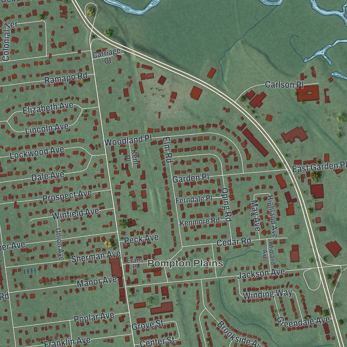 Second close-up of the map of Pequannock, New Jersey print showing more streets and buildings