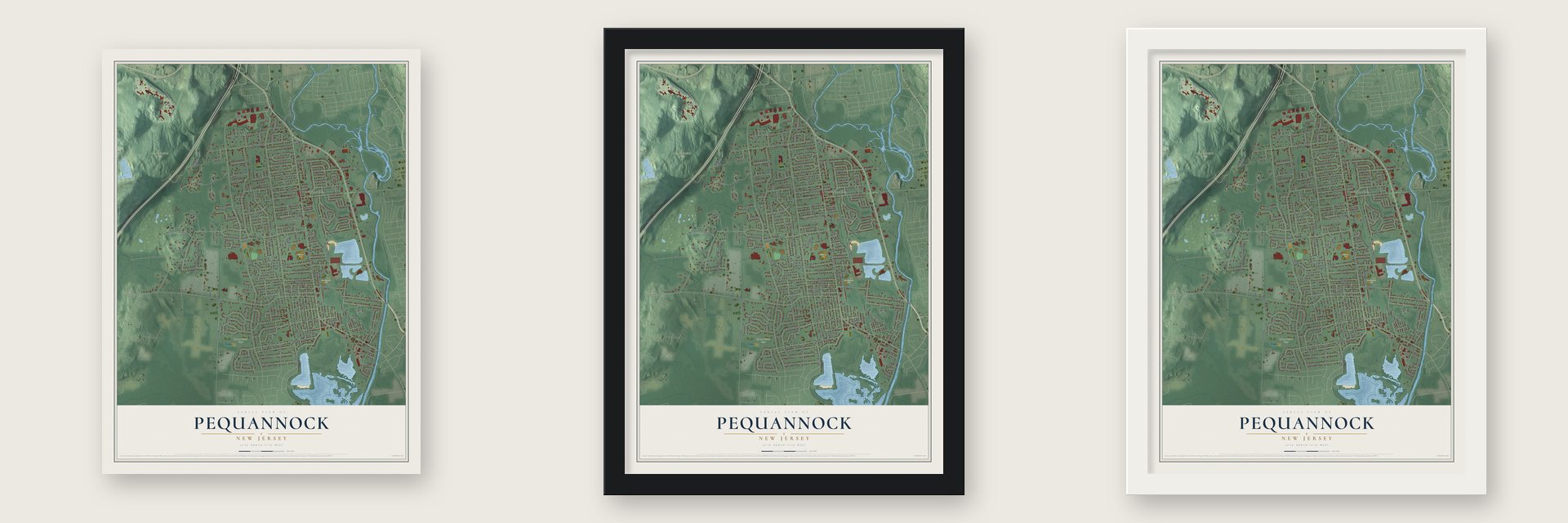 Pequannock, New Jersey map unframed, in a black wood frame and in a white wood frame