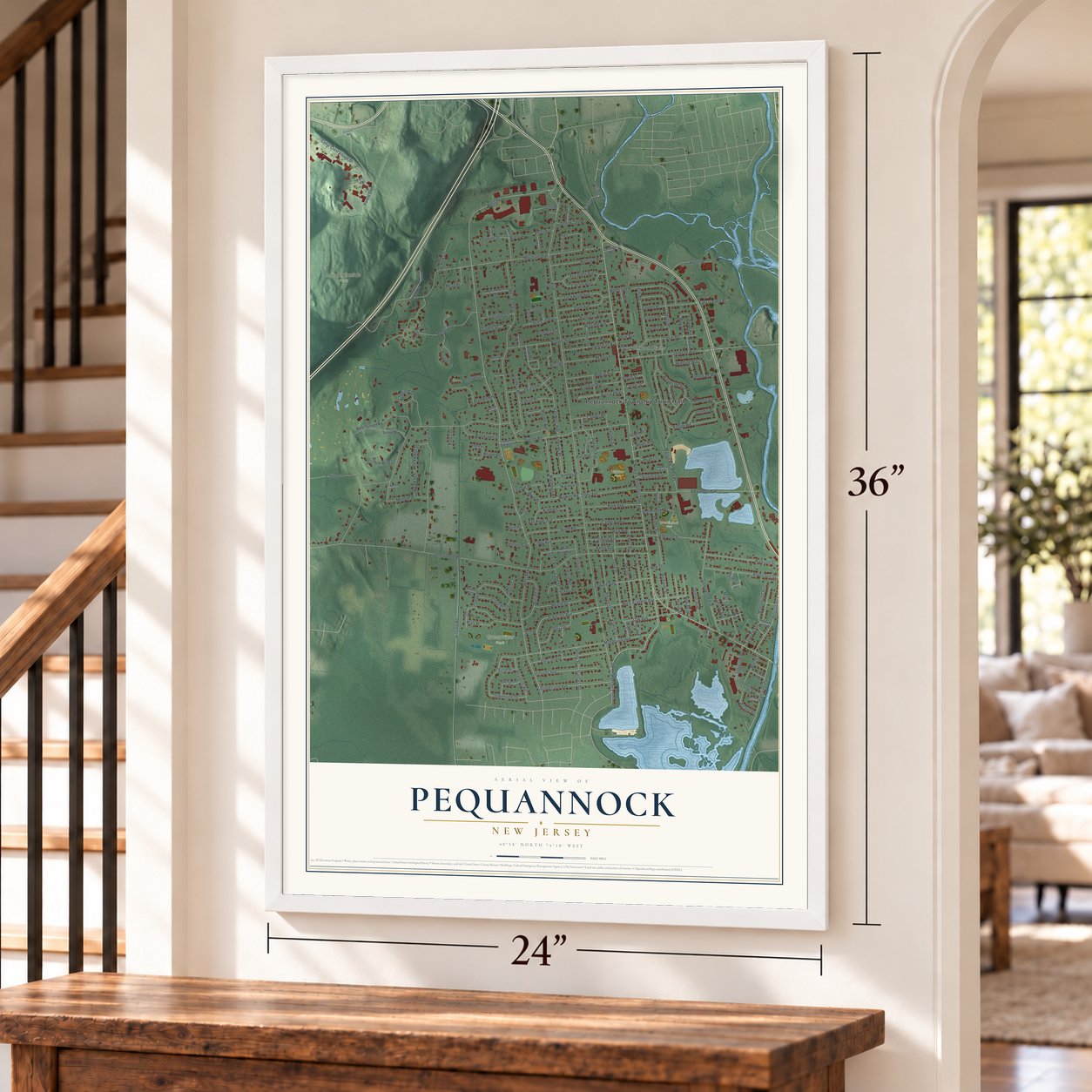 Pequannock, New Jersey map, 24 x 36 inch print in a white frame by a staircase