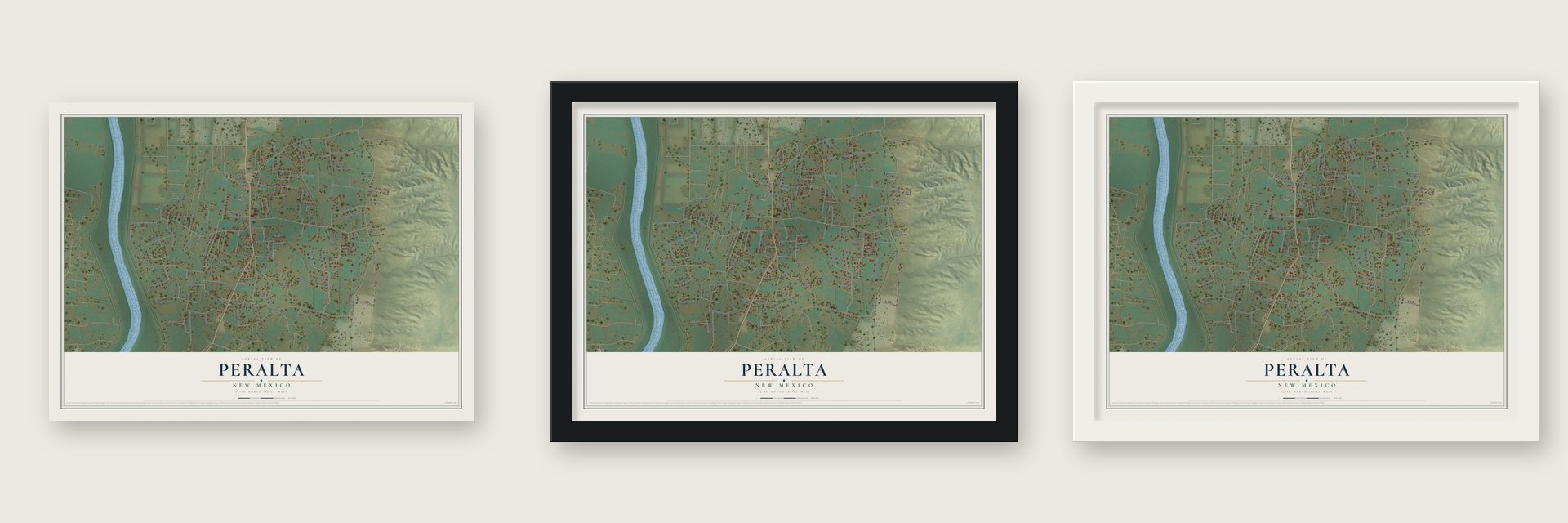 Peralta, New Mexico map unframed, in a black wood frame and in a white wood frame