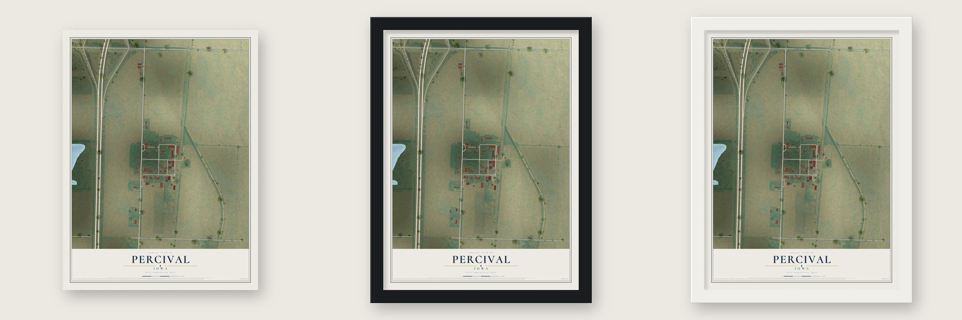 Percival, Iowa map unframed, in a black wood frame and in a white wood frame