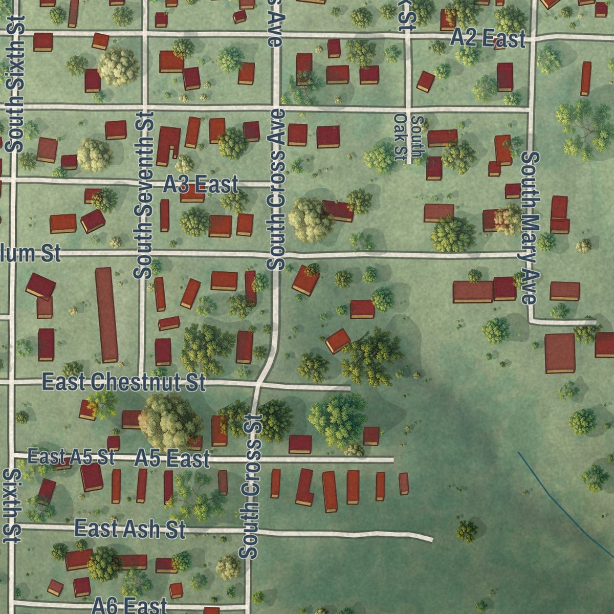 Second close-up of the map of Percy, Illinois print showing more streets and buildings