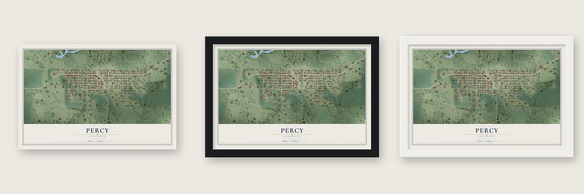 Percy, Illinois map unframed, in a black wood frame and in a white wood frame
