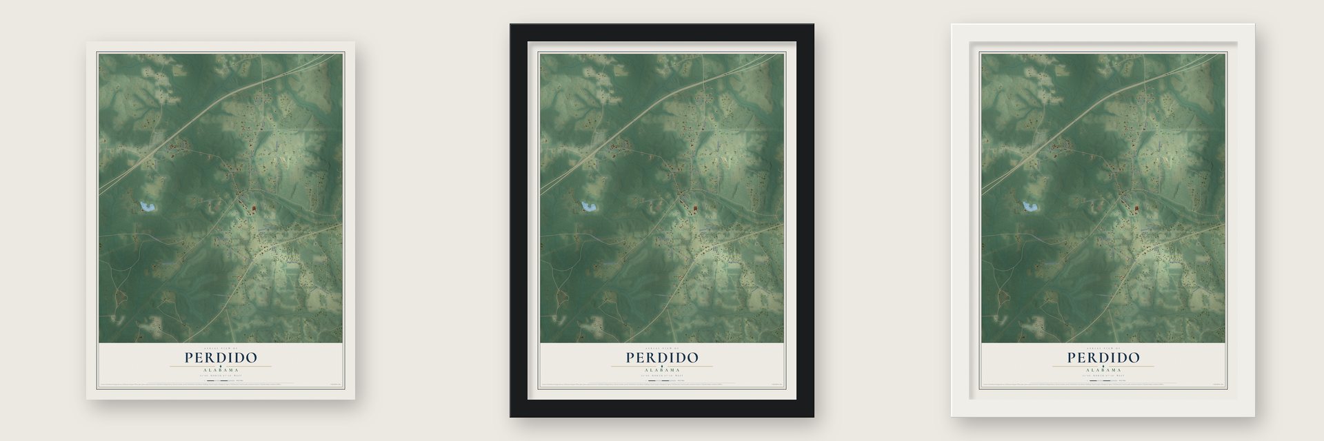 Perdido, Alabama map unframed, in a black wood frame and in a white wood frame