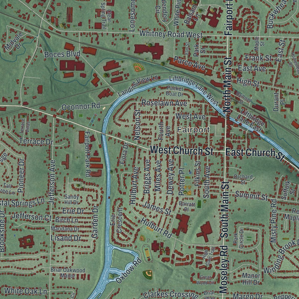 Second close-up of the map of Perinton, New York print showing more streets and buildings