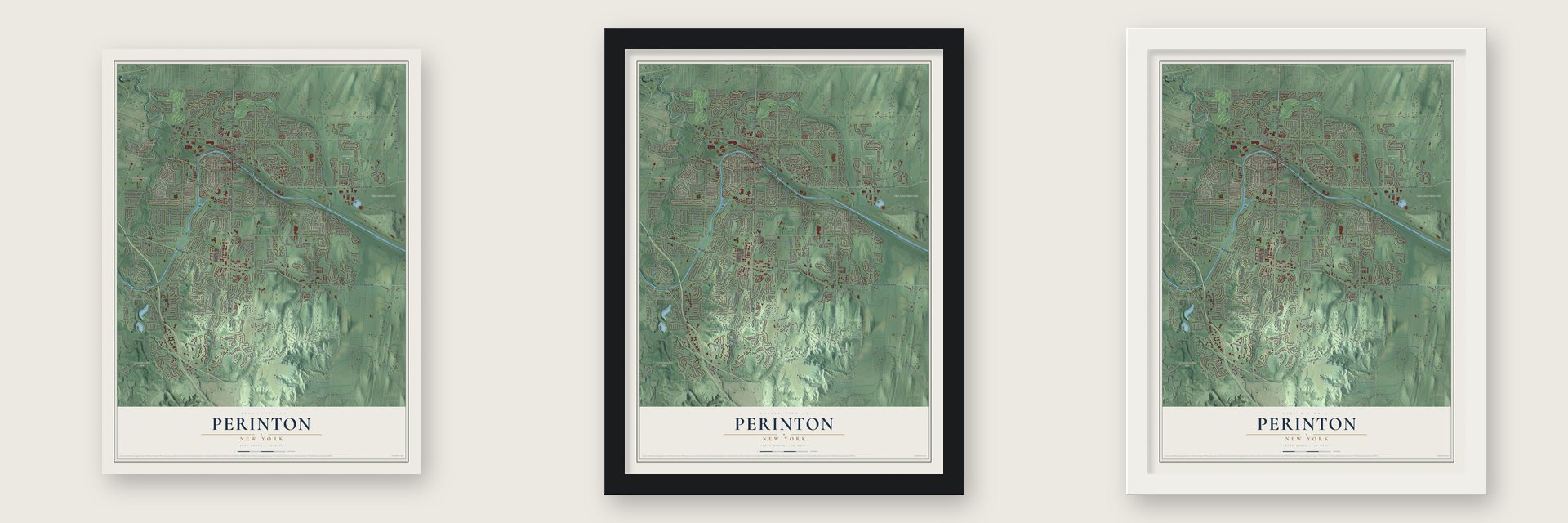 Perinton, New York map unframed, in a black wood frame and in a white wood frame