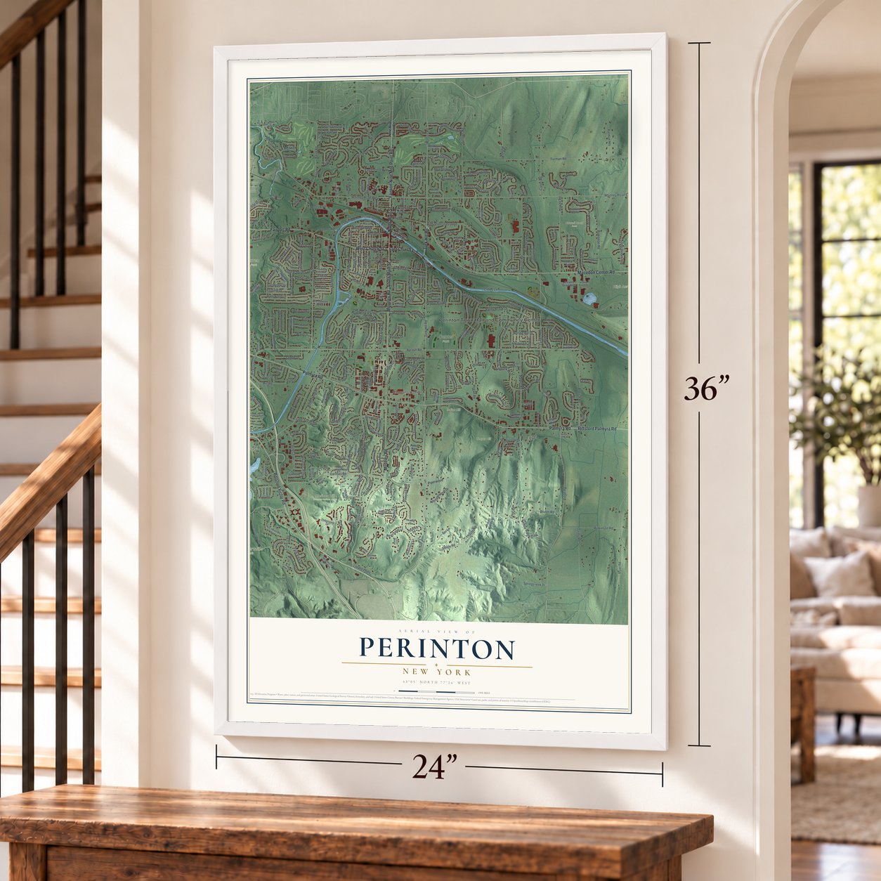 Perinton, New York map, 24 x 36 inch print in a white frame by a staircase