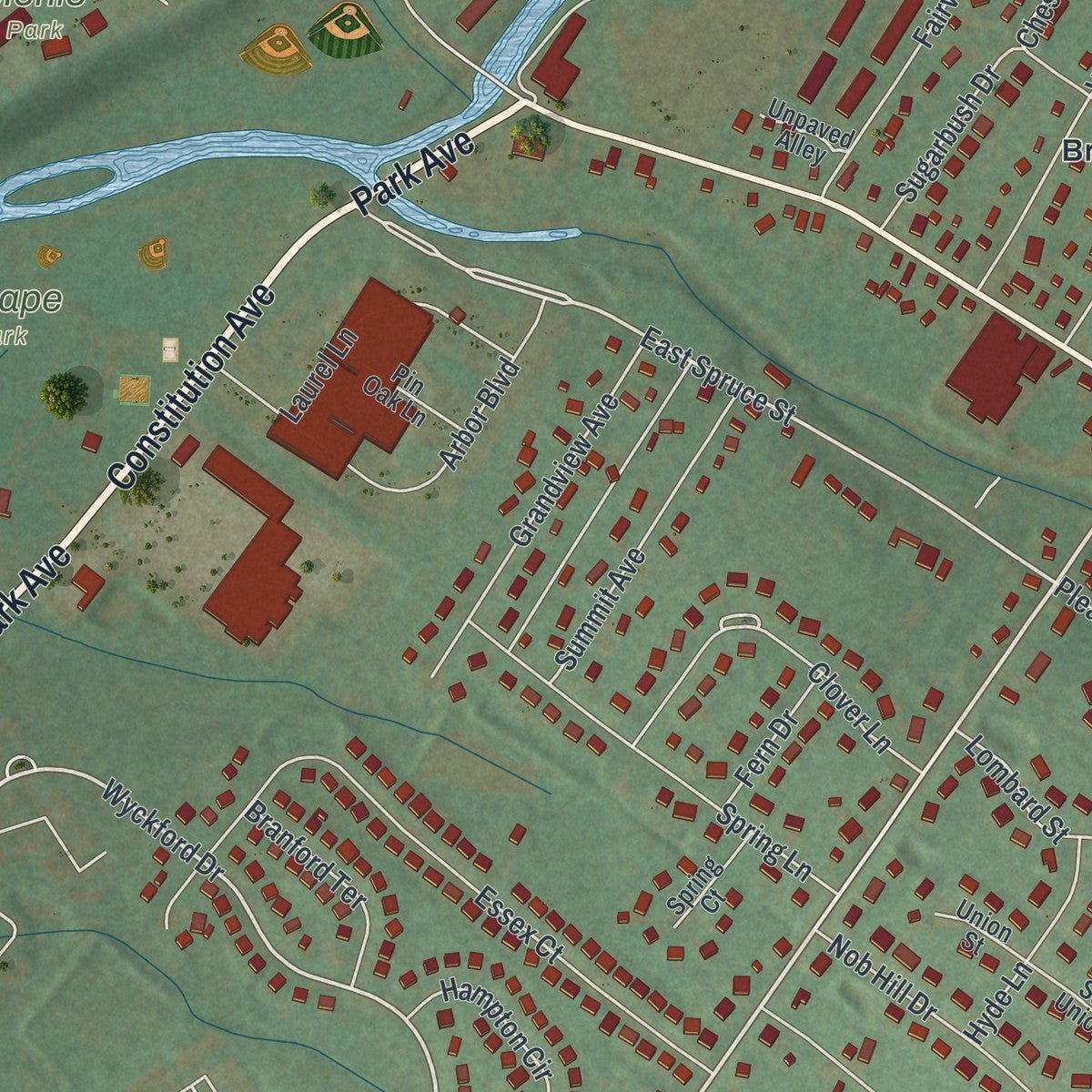 Second close-up of the map of Perkasie, Pennsylvania print showing more streets and buildings