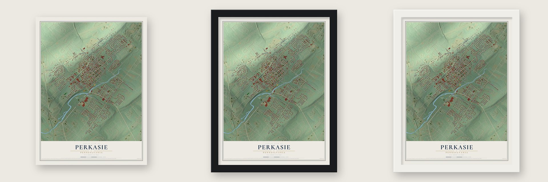 Perkasie, Pennsylvania map unframed, in a black wood frame and in a white wood frame
