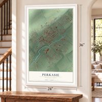 Perkasie, Pennsylvania map, 24 x 36 inch print in a white frame by a staircase