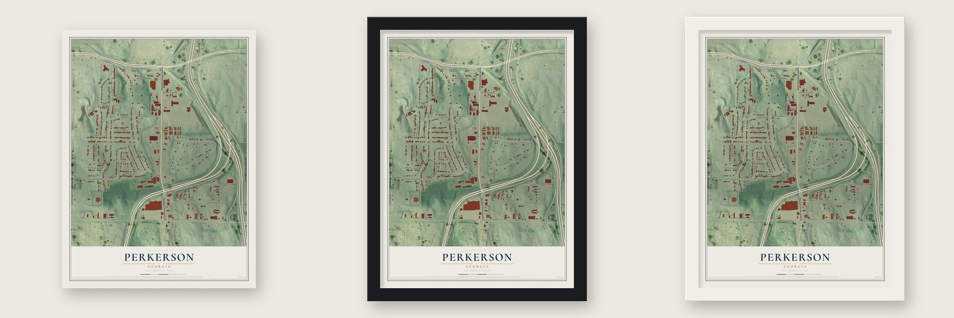 Perkerson, Georgia map unframed, in a black wood frame and in a white wood frame