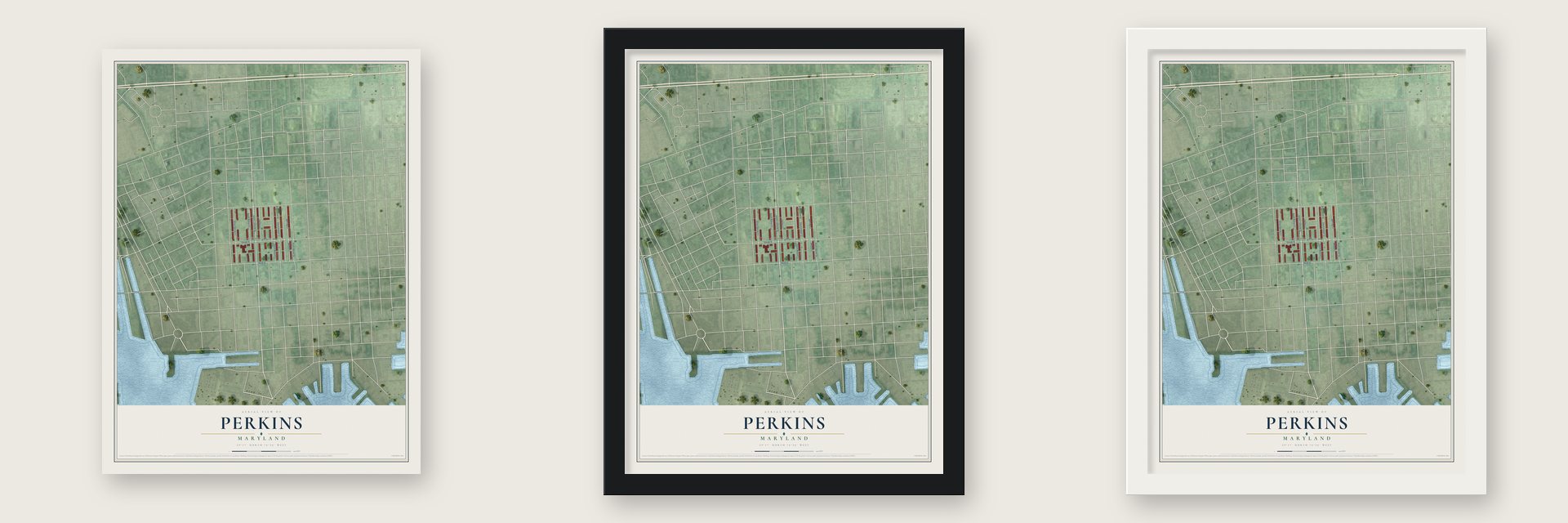 Perkins, Maryland map unframed, in a black wood frame and in a white wood frame