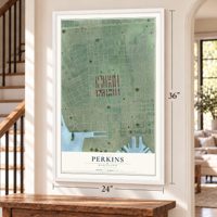 Perkins, Maryland map, 24 x 36 inch print in a white frame by a staircase