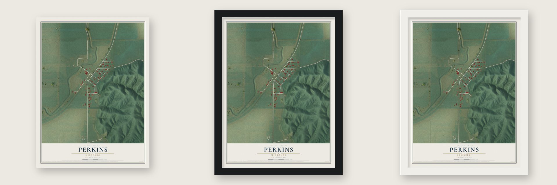 Perkins, Missouri map unframed, in a black wood frame and in a white wood frame