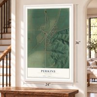Perkins, Missouri map, 24 x 36 inch print in a white frame by a staircase