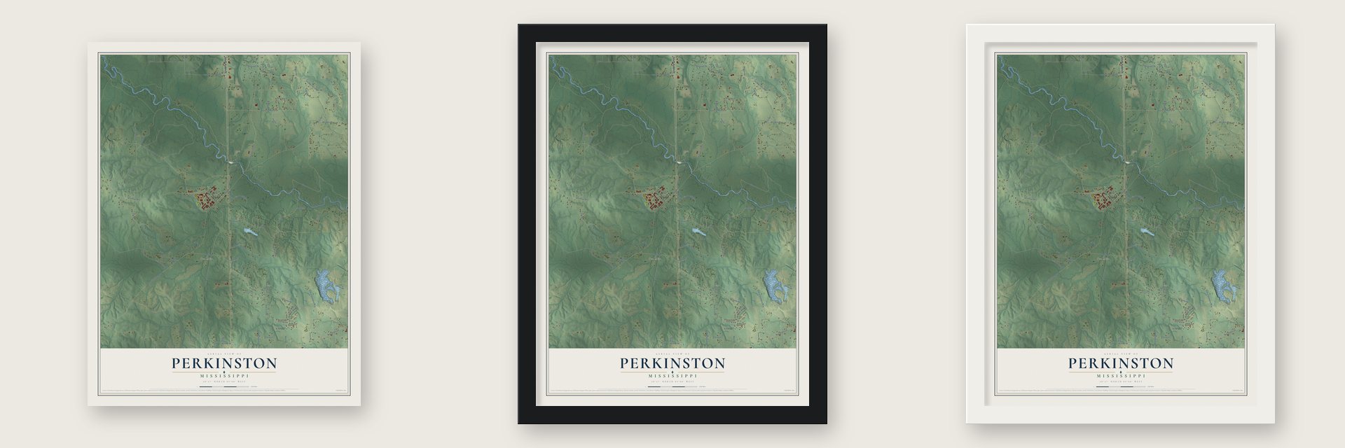 Perkinston, Mississippi map unframed, in a black wood frame and in a white wood frame