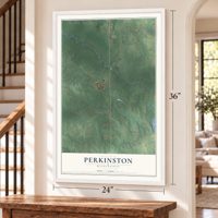 Perkinston, Mississippi map, 24 x 36 inch print in a white frame by a staircase