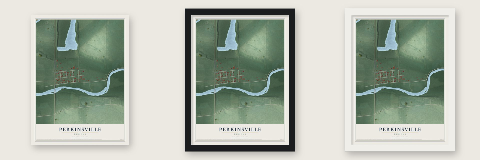 Perkinsville, Indiana map unframed, in a black wood frame and in a white wood frame