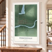 Perkinsville, Indiana map, 24 x 36 inch print in a white frame by a staircase