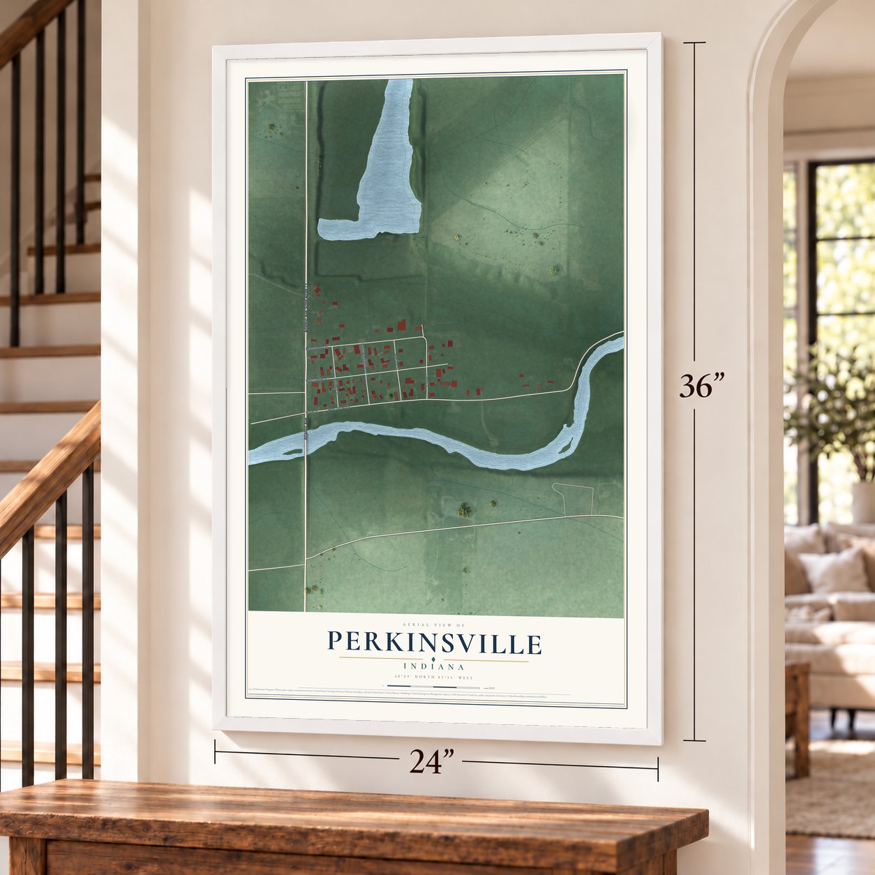Perkinsville, Indiana map, 24 x 36 inch print in a white frame by a staircase