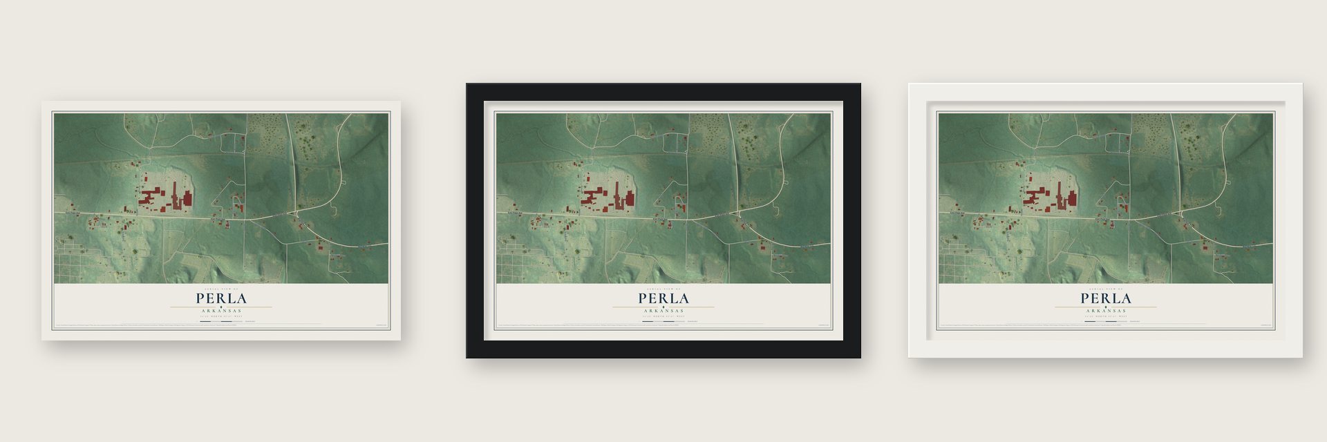 Perla, Arkansas map unframed, in a black wood frame and in a white wood frame