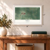 Perla, Arkansas map, 12 x 18 inch print in a white frame in an entryway