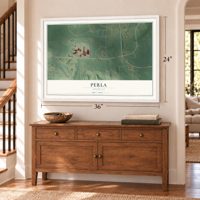Perla, Arkansas map, 24 x 36 inch print in a white frame above a dresser by a staircase