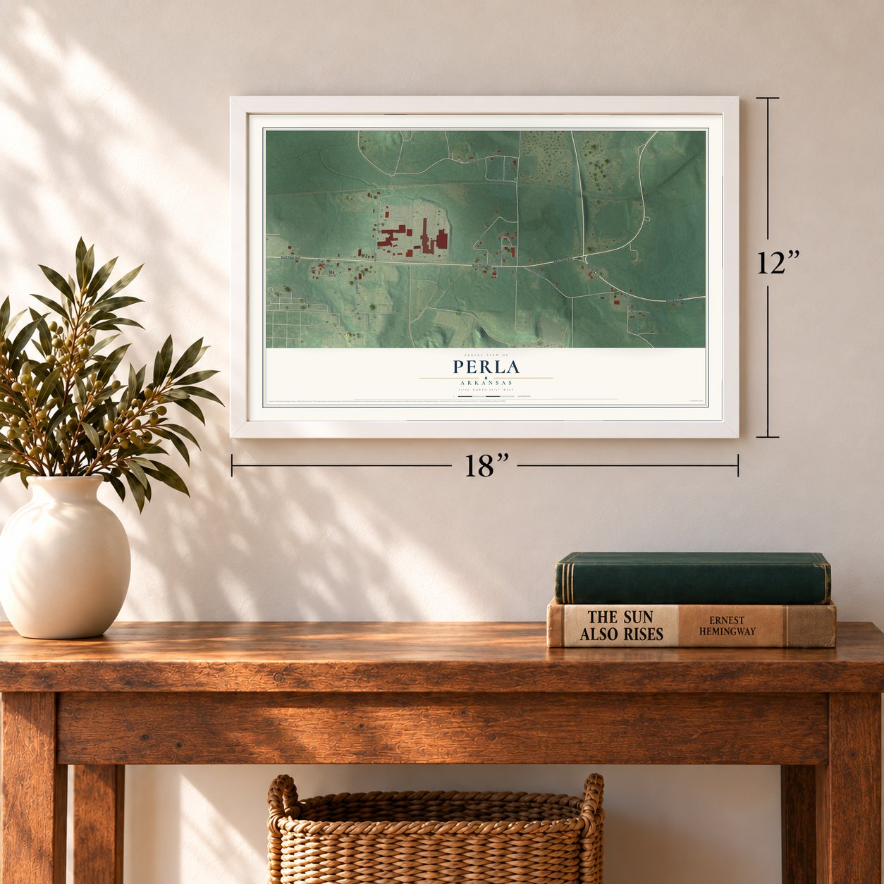 Perla, Arkansas map, 12 x 18 inch print in a white frame in an entryway