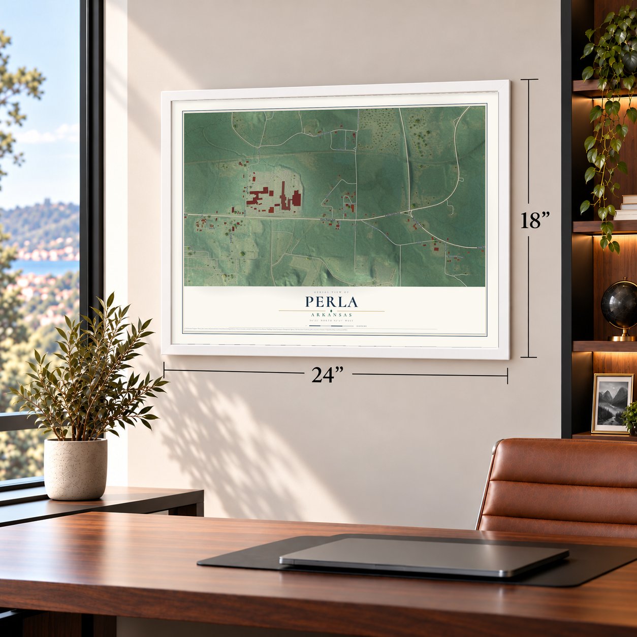 Perla, Arkansas map, 18 x 24 inch print in a white frame in a home office