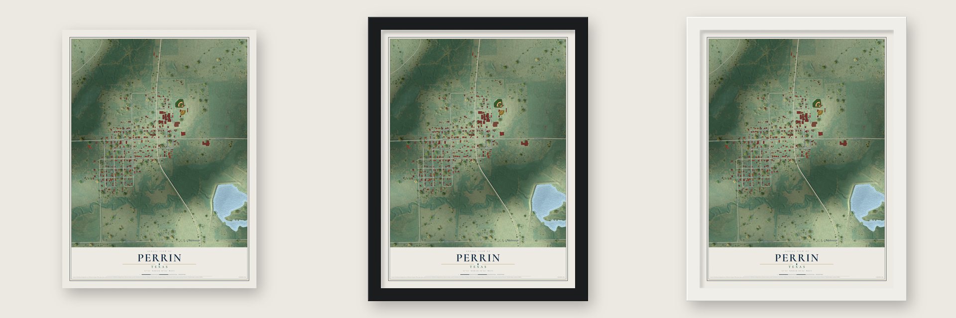 Perrin, Texas map unframed, in a black wood frame and in a white wood frame