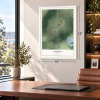 Perrin, Texas map, 18 x 24 inch print in a white frame in a home office